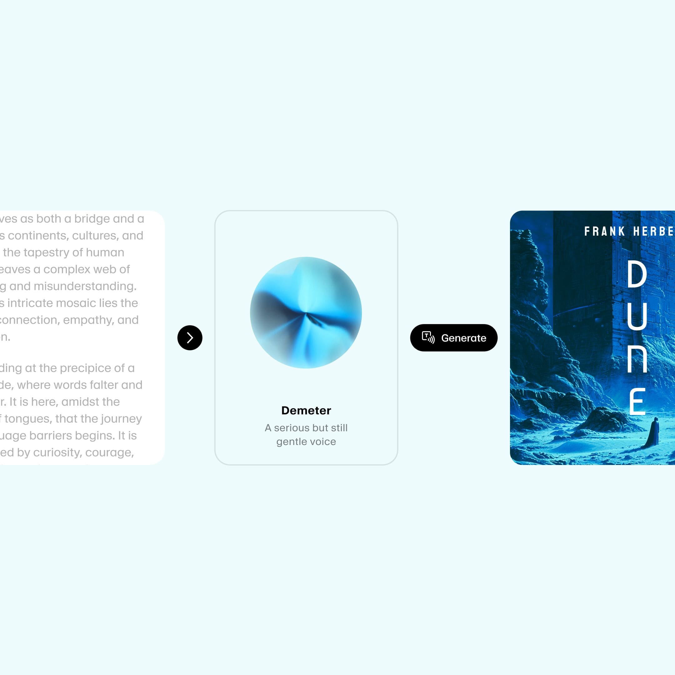 A digital interface displaying a blue, abstract spherical shape labeled "Demeter" with the description "A serious but still gentle voice," and a book cover titled "Dune" by Frank Herbert on the right.