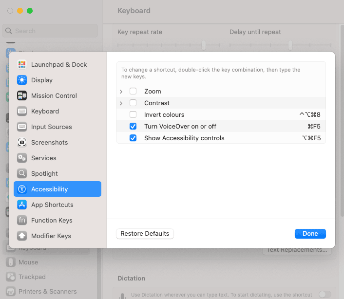 Accessibility settings window showing options to turn voice over on or off and show accessibility controls.