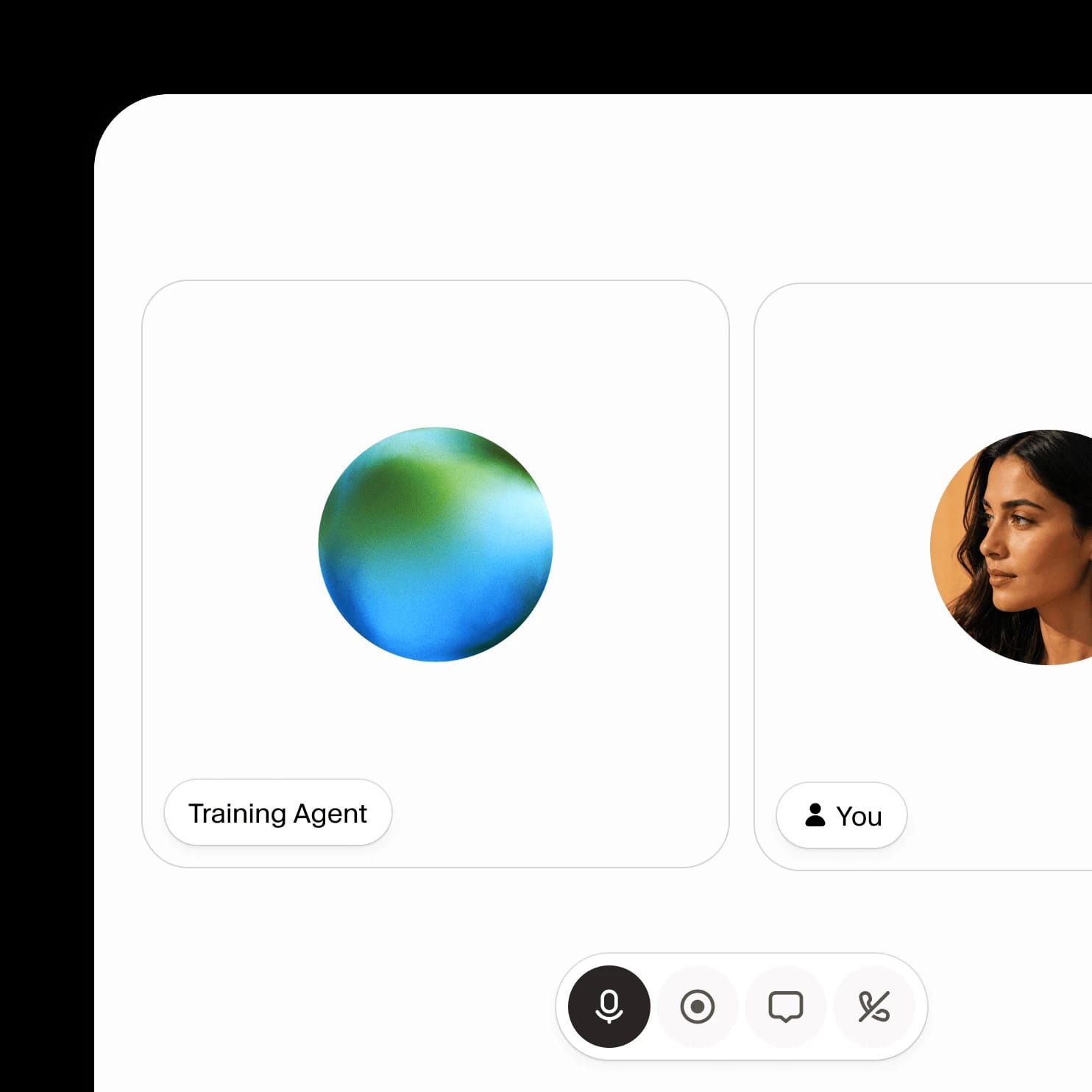 Video call interface with "Training Agent" and user profile icons.