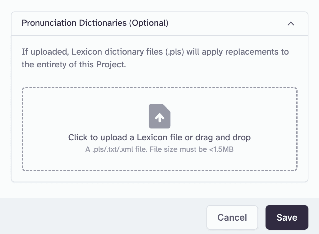Upload area for a Lexicon file with instructions to click or drag and drop a .pls/.txt/.xml file, size limit 1.5MB.