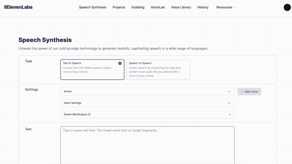 Screenshot of the Speech Synthesis page on ElevenLabs website, showing options for text-to-speech conversion and voice settings.