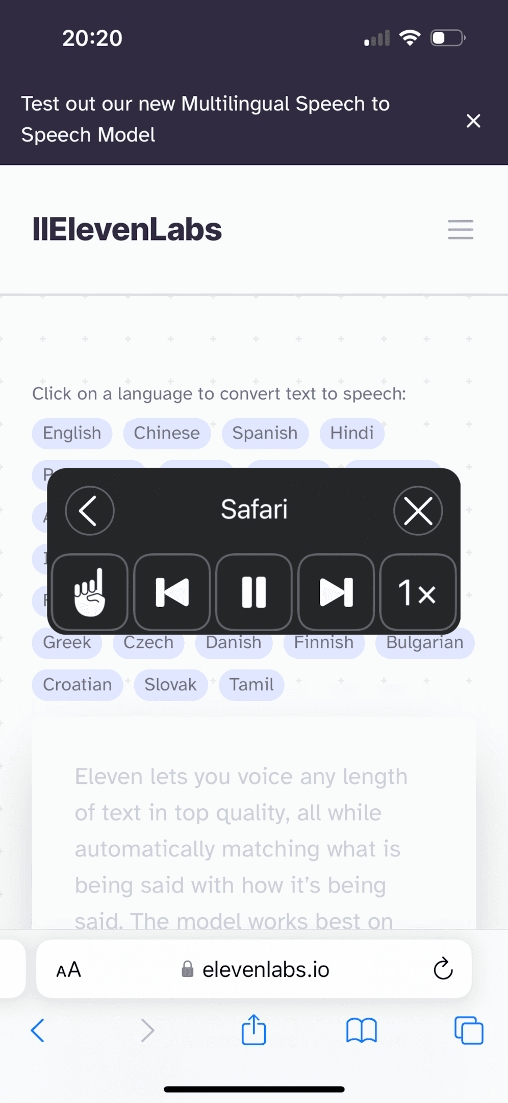 Screenshot of a mobile webpage showing a multilingual speech-to-text tool with language options and a speech control overlay.