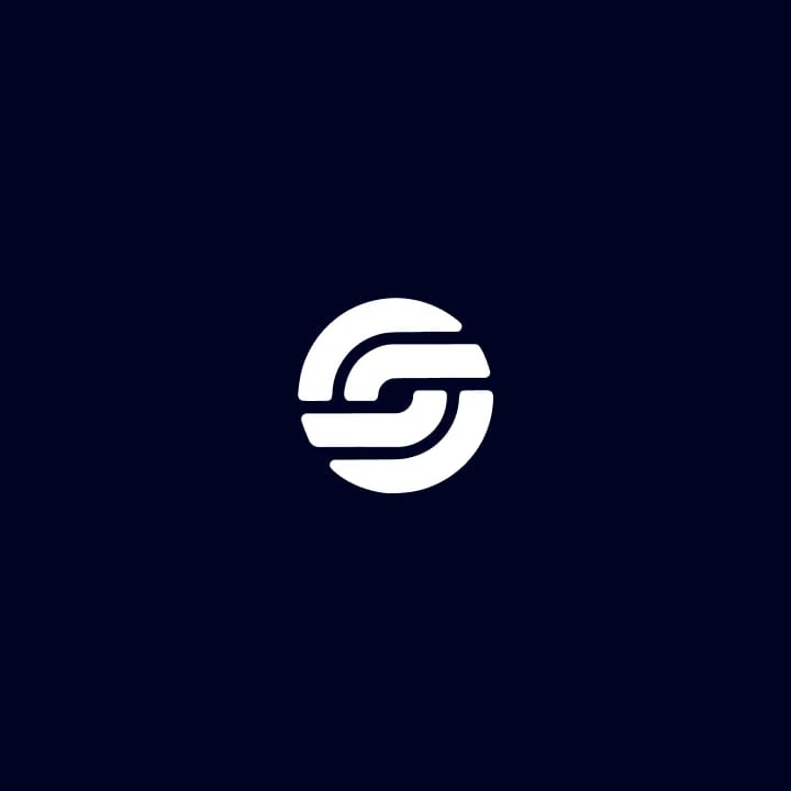 A white circular logo with stylized, interconnected lines on a dark background.