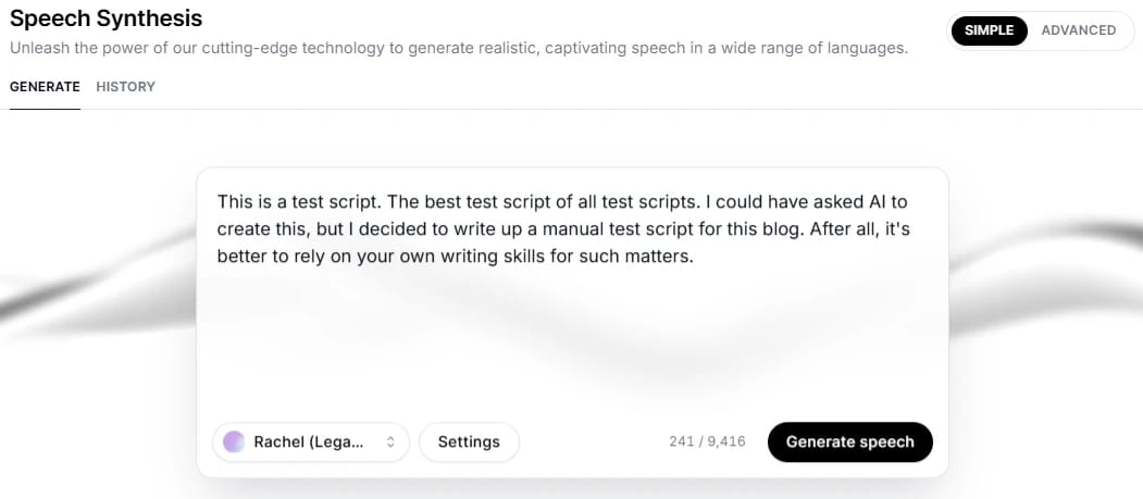 A screenshot of a speech synthesis tool with a test script in the text box and a "Generate speech" button.