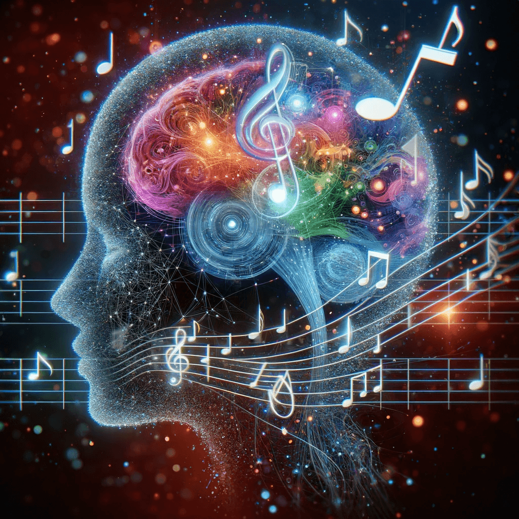 A digital illustration of a human head with a colorful, glowing brain and musical notes emanating from it.