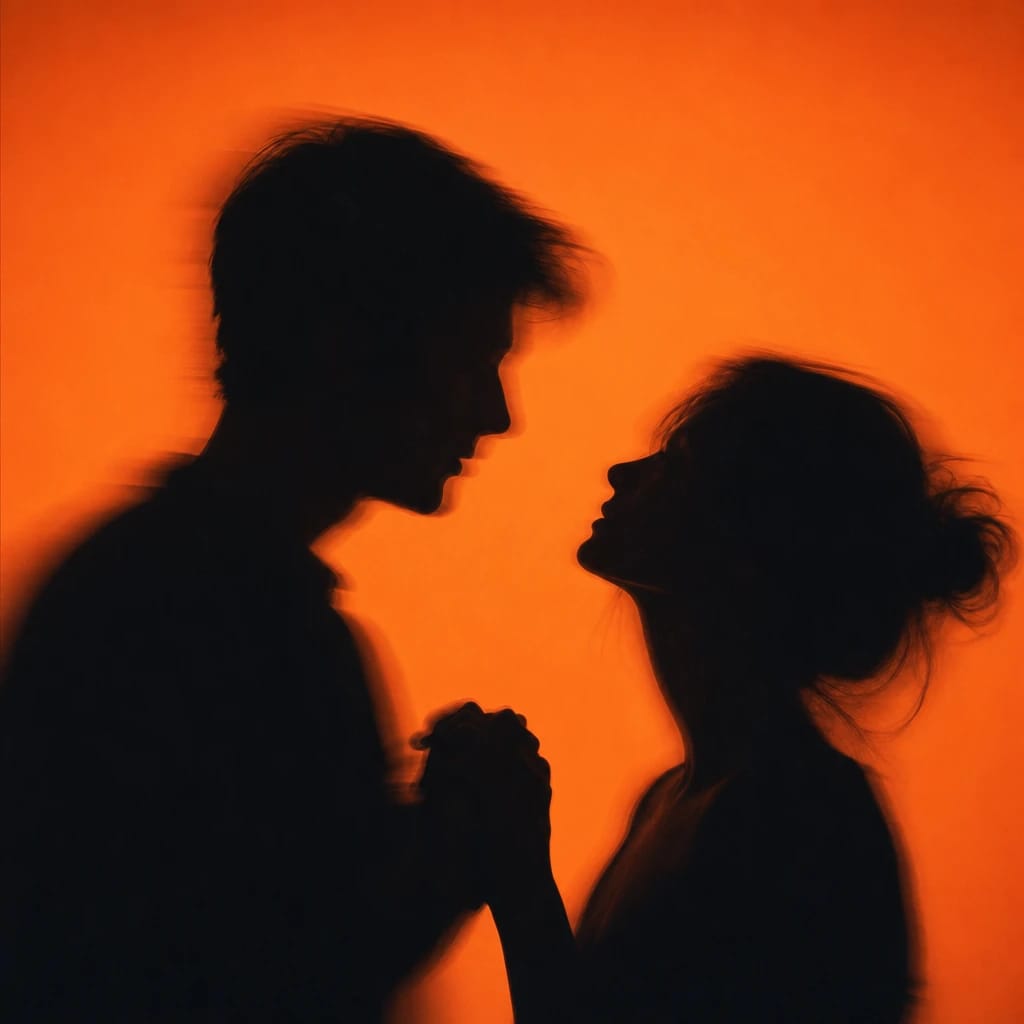 Stylized scene featuring two lovers holding hands, rendered in #F76D3F