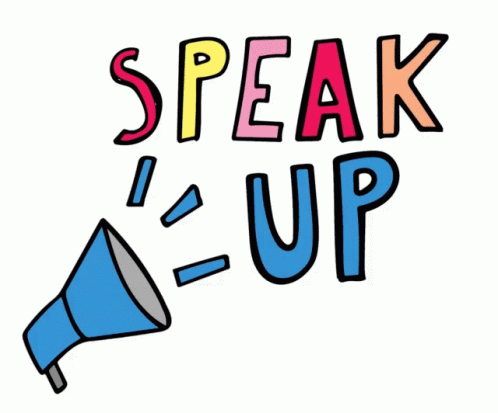 The words "SPEAK UP" in colorful letters with a blue megaphone.