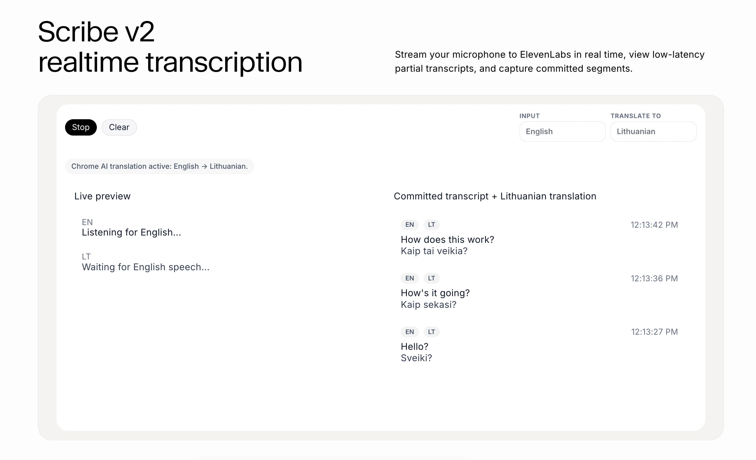 Live transcription on the left and committed transcripts on the right in a list