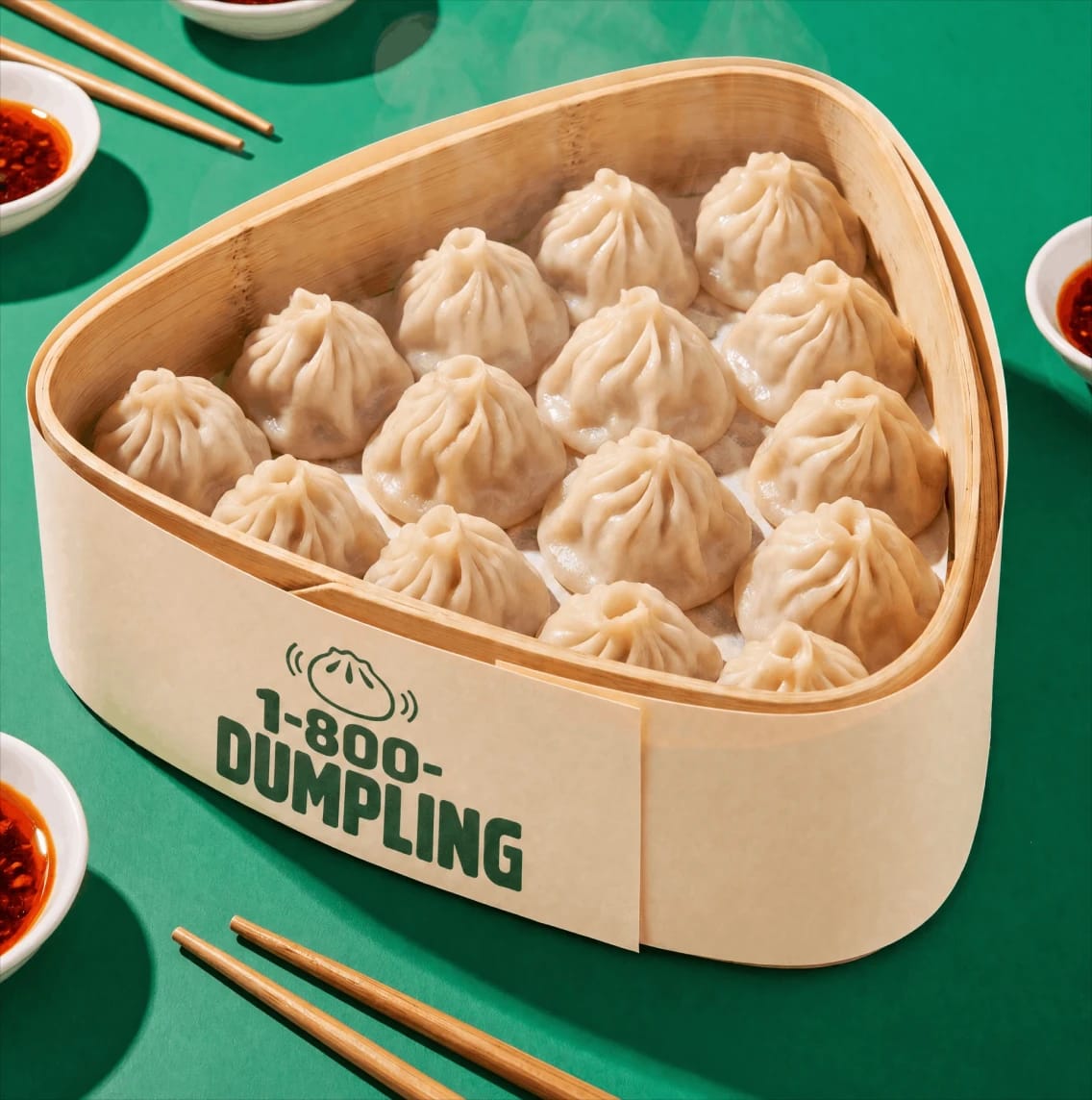Steamed dumplings in a bamboo box labeled “1-800-DUMPLING,” with dipping sauces.