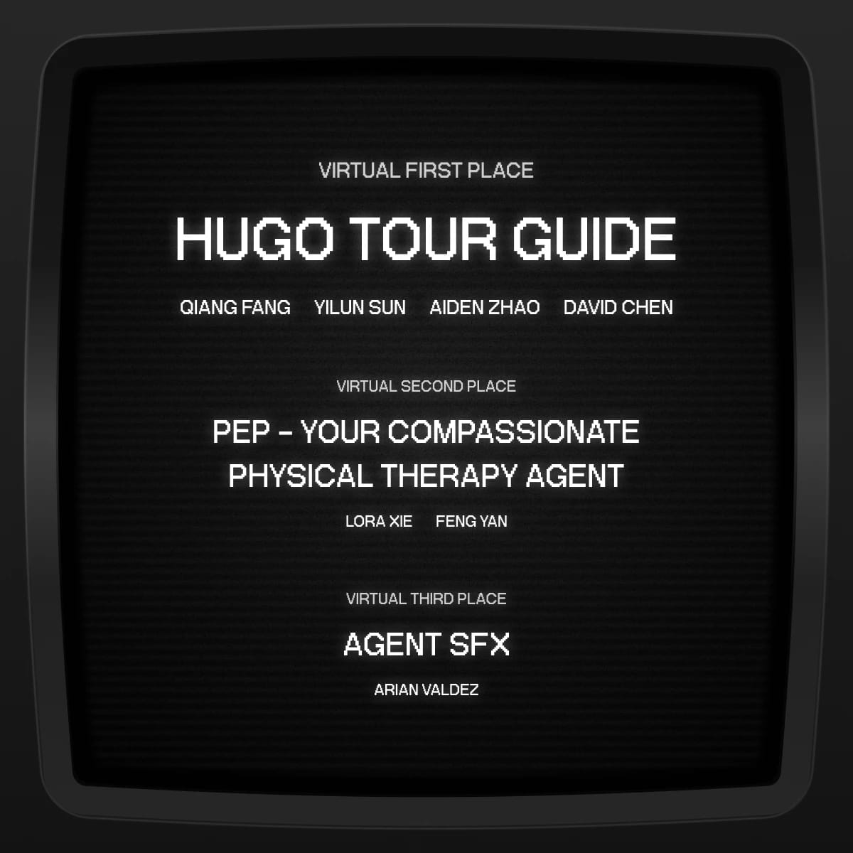 Screen displaying virtual awards for Hugo Tour Guide, Physical Therapy Agent, and Agent SFX.