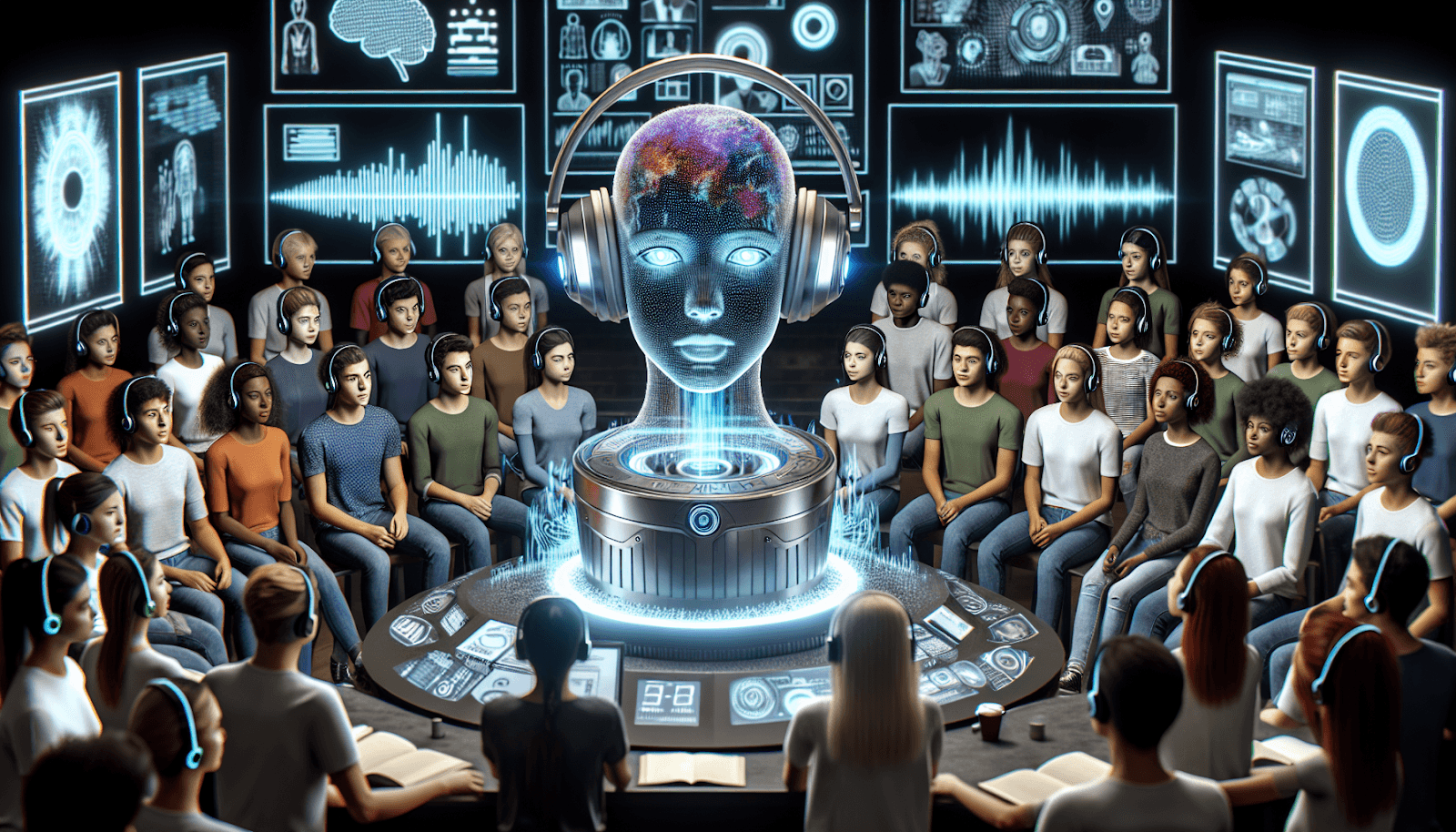 A futuristic AI conference with a holographic robot head wearing headphones at the center, surrounded by a diverse group of people wearing headsets, in a high-tech room with digital screens and data visualizations.