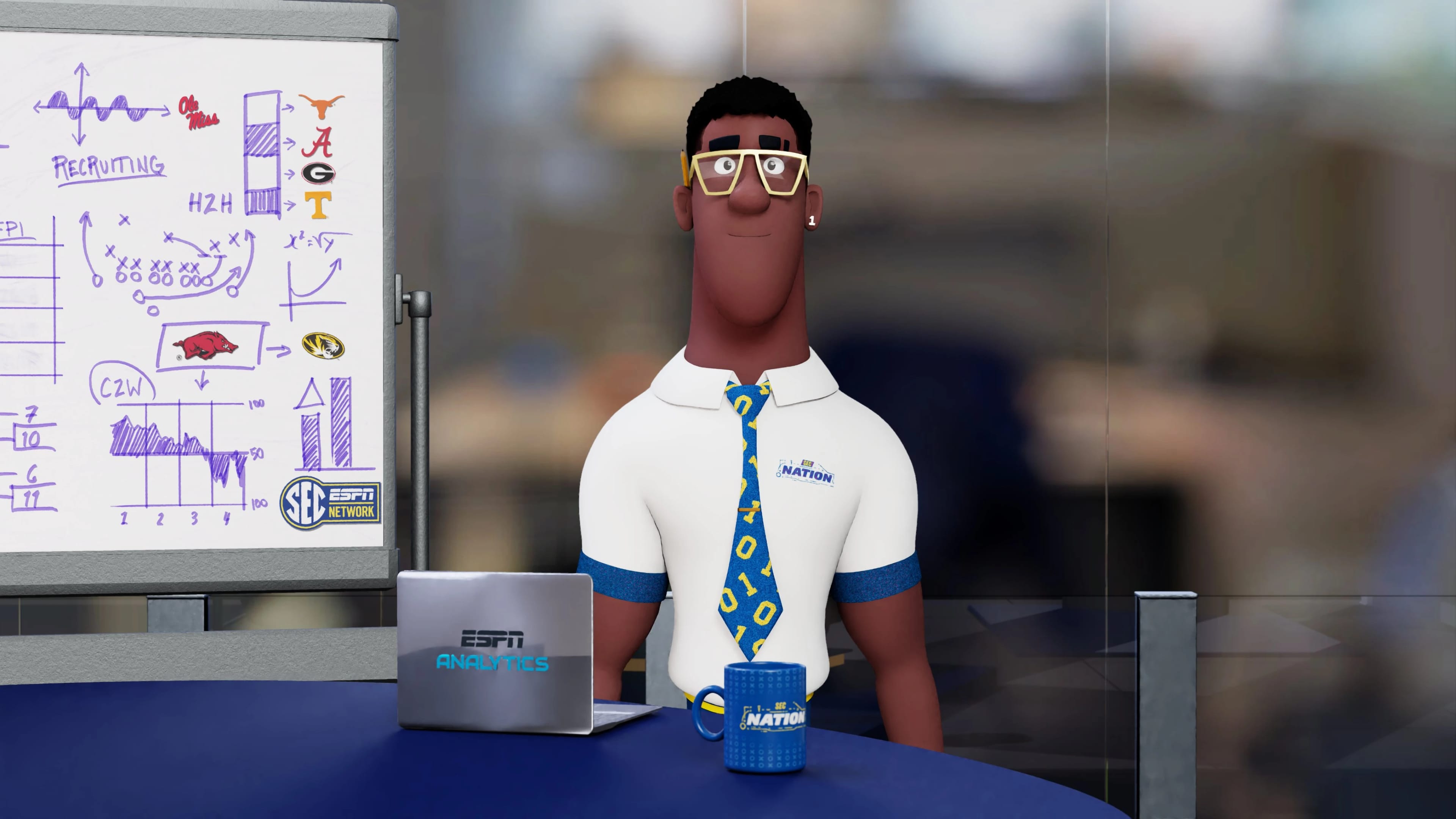 A cartoon man in a white shirt with a blue and yellow tie, sitting at a desk with an ESPN Analytics laptop and a blue mug, in front of a whiteboard with sports graphics.