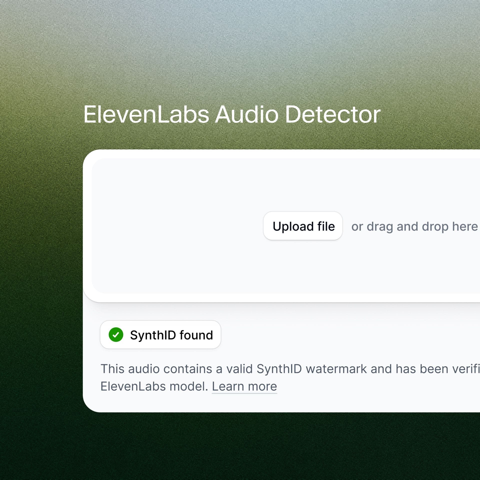ElevenLabs Audio Detector showing a verified audio file with SynthID watermark.