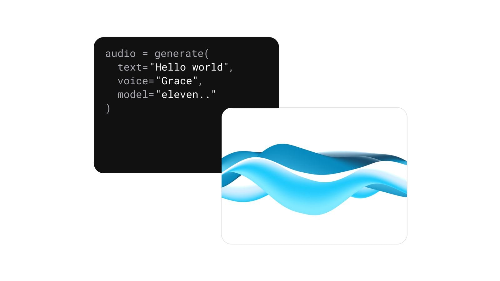 A code snippet for generating audio with a blue wave graphic in the background.