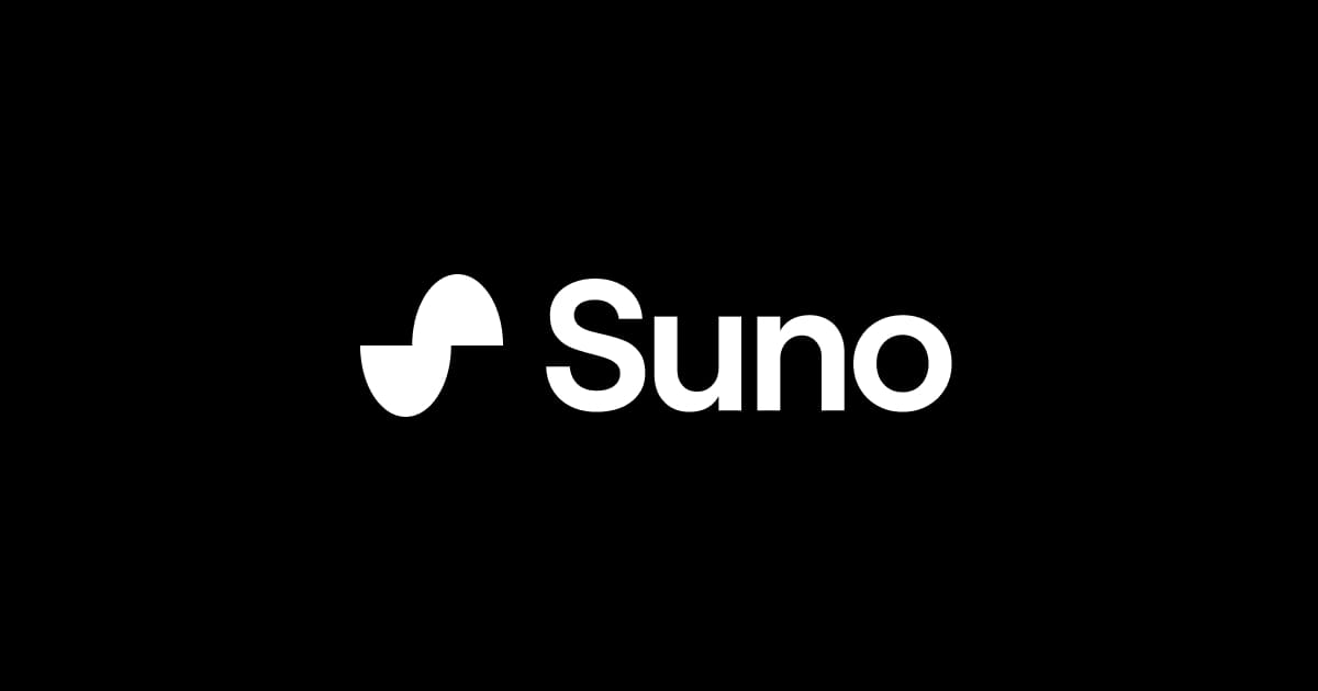 Suno logo with a stylized "S" symbol on a black background.