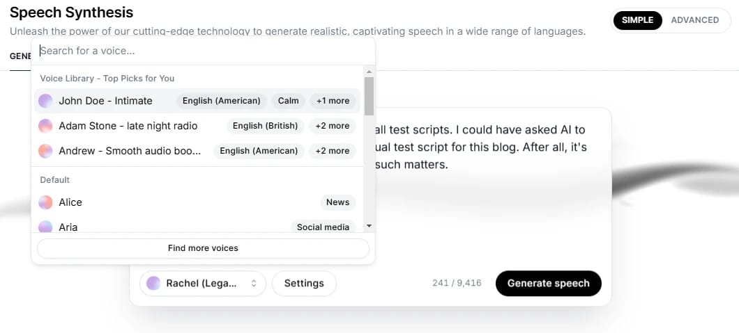 Screenshot of a speech synthesis web interface with a voice selection menu open, showing options like John Doe - Intimate, Adam Stone - late night radio, and Andrew - Smooth audio boo.
