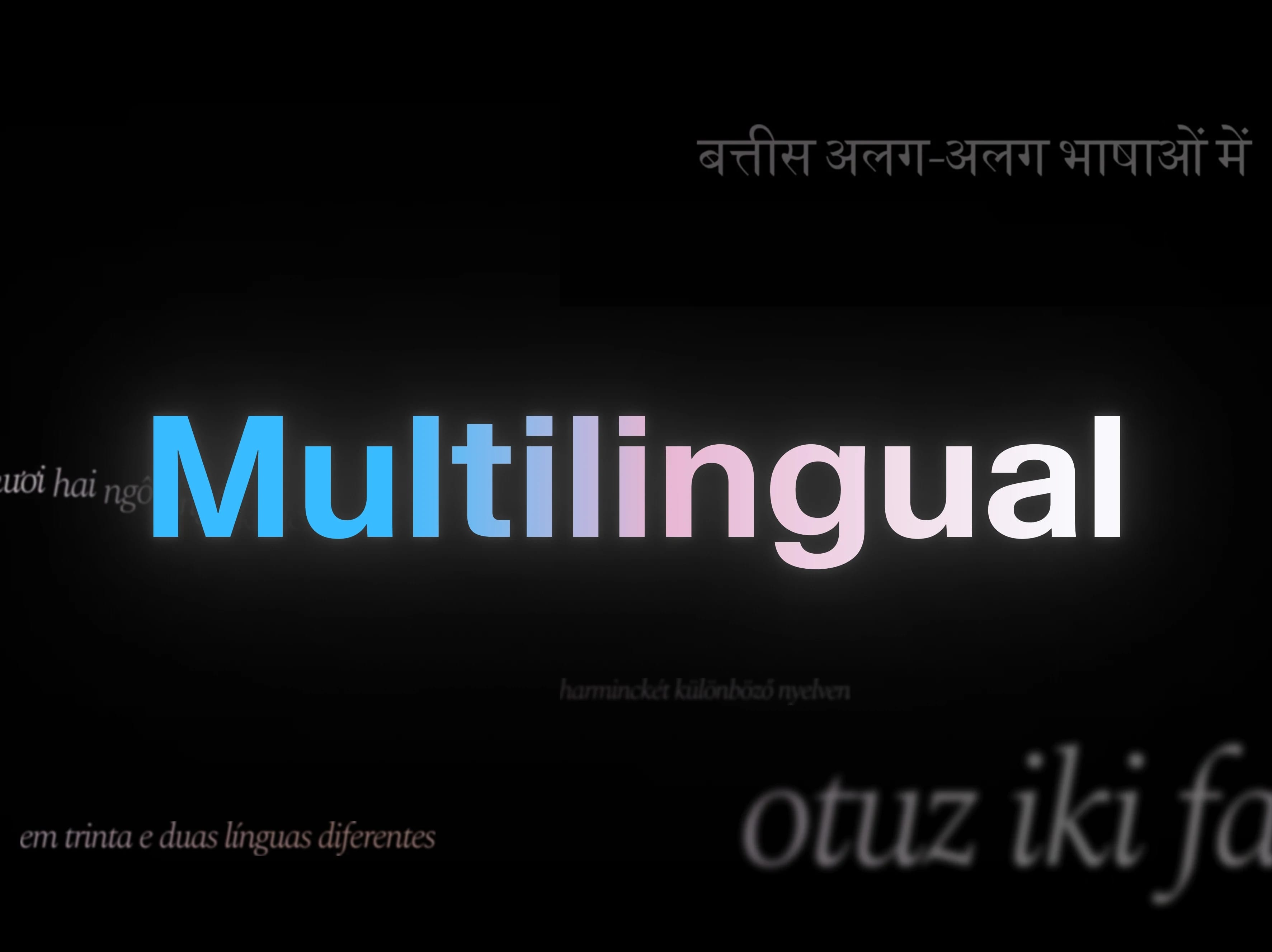 Multilingual text with the word "Multilingual" highlighted in blue and pink on a black background.