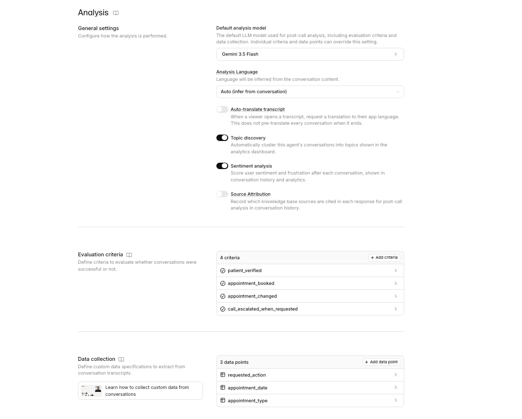 Analysis settings screen showing model, language, feature toggles, criteria, and data points.
