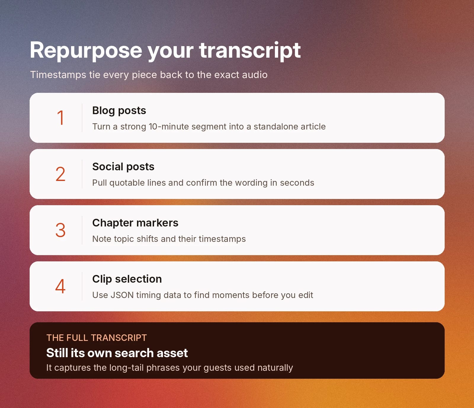 Ways to repurpose a timestamped transcript for blogs, social posts, chapters, clips, and search.