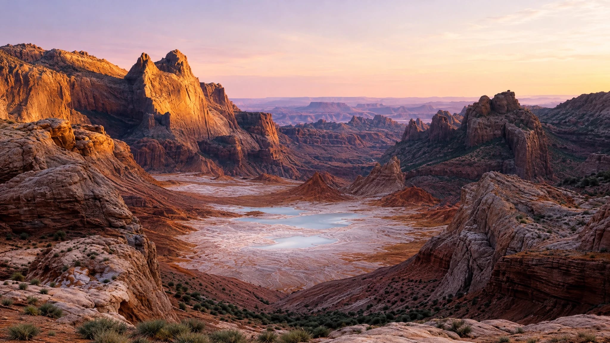 Aerial view of red rock canyon badlands at sunset, striated sandstone formations, pale blue pools on a salt flat valley floor, purple haze on distant mesas, golden light