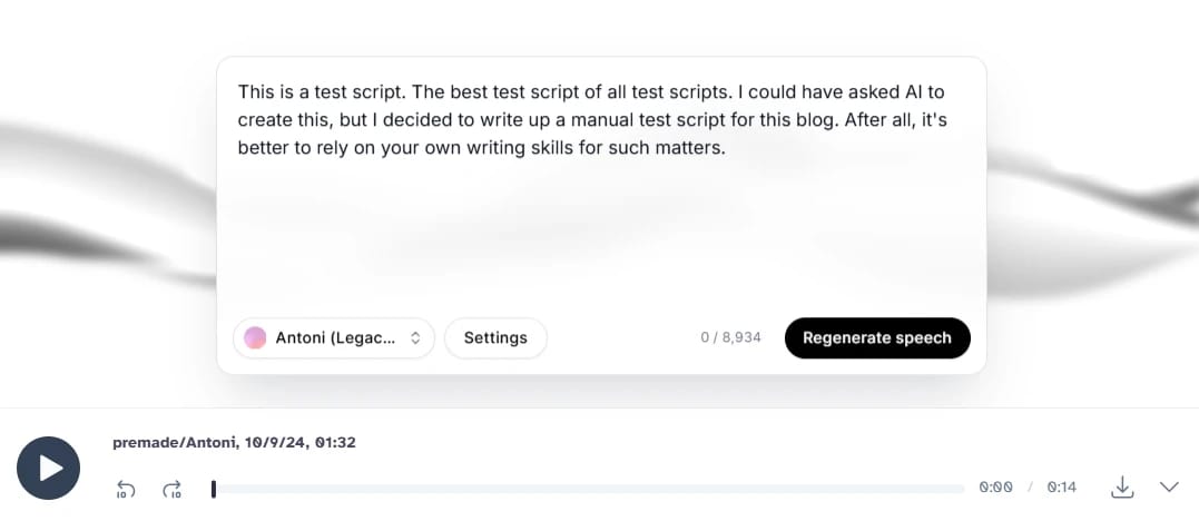 Screenshot of a text-to-speech interface with a script about writing a manual test script, a play button, and a speech progress bar.