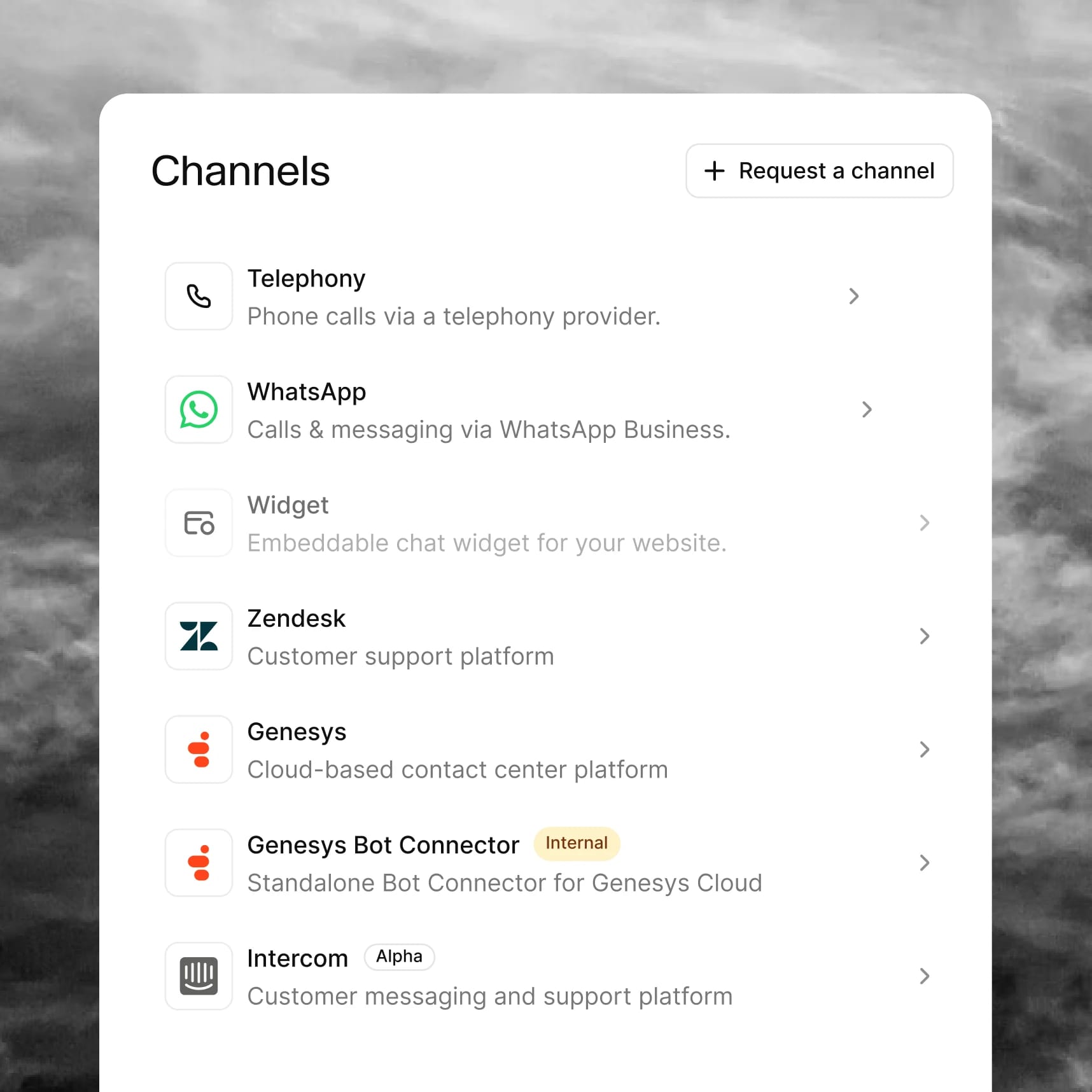Channels menu listing telephony, WhatsApp, widget, Zendesk, Genesys, and support integrations.