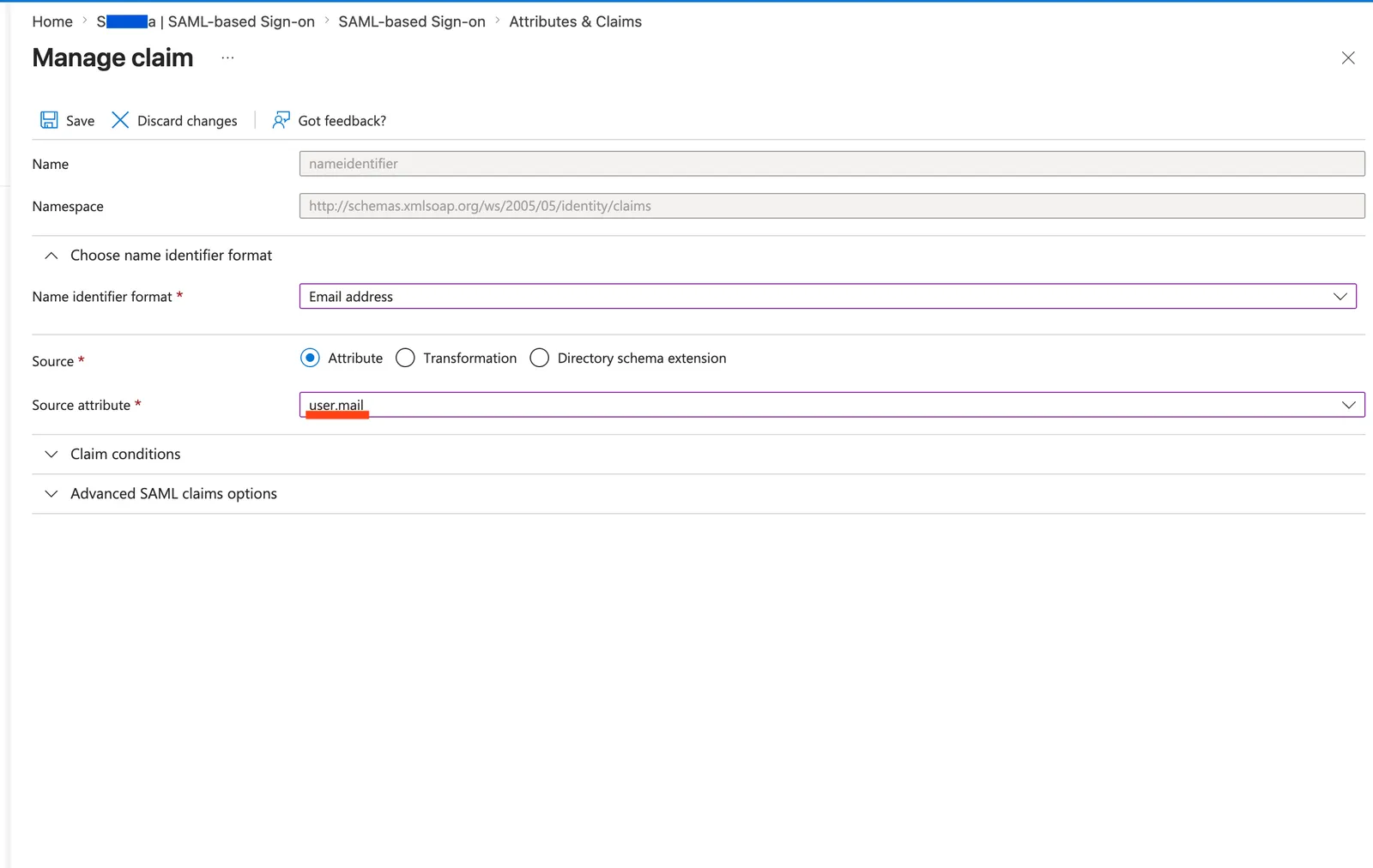 이메일 주소 형식과 user.mail 원본 특성이 표시된 Microsoft Entra 클레임 관리