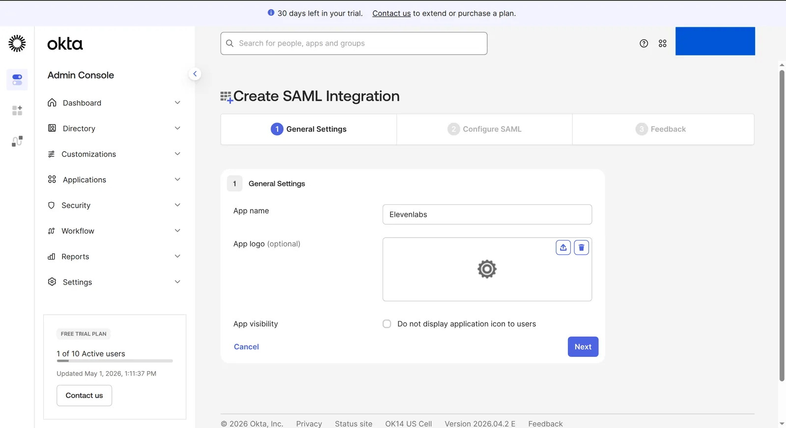 Okta Create SAML Integration 일반 설정