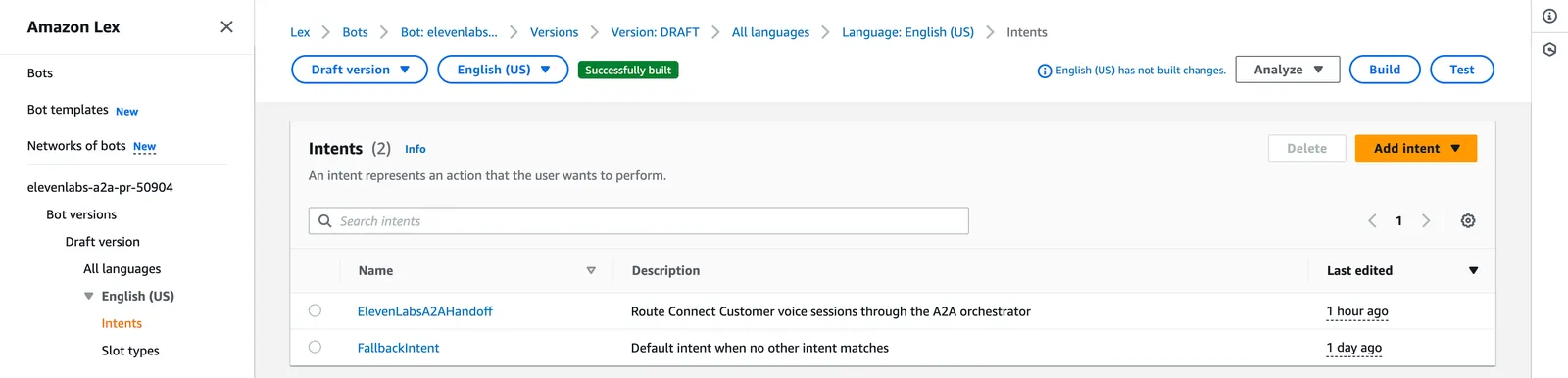Q in Connect 핸드오프 인텐트와 기본 제공 폴백 인텐트가 있는 Lex V2 봇 인텐트 목록
