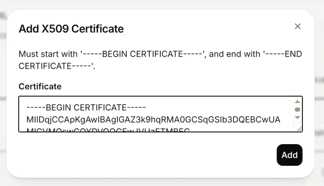 ElevenLabs Add X509 Certificate 대화상자