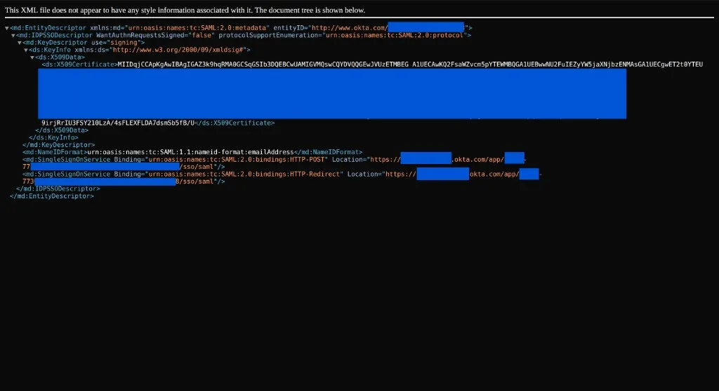 entityID 및 SingleSignOnService Location이 표시된 Okta IdP 메타데이터 XML
