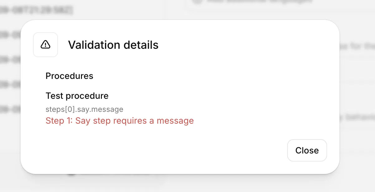 Validation details dialog listing the failing procedure and the step that needs a
message