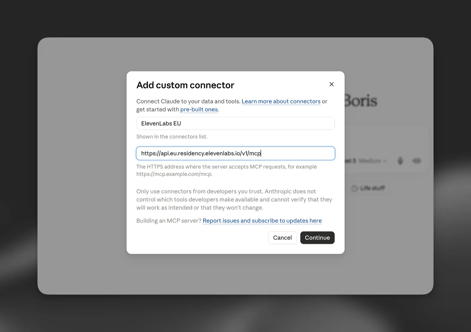 ElevenLabs EU 이름과 EU 서버 URL이 입력된 Add custom connector 대화 상자