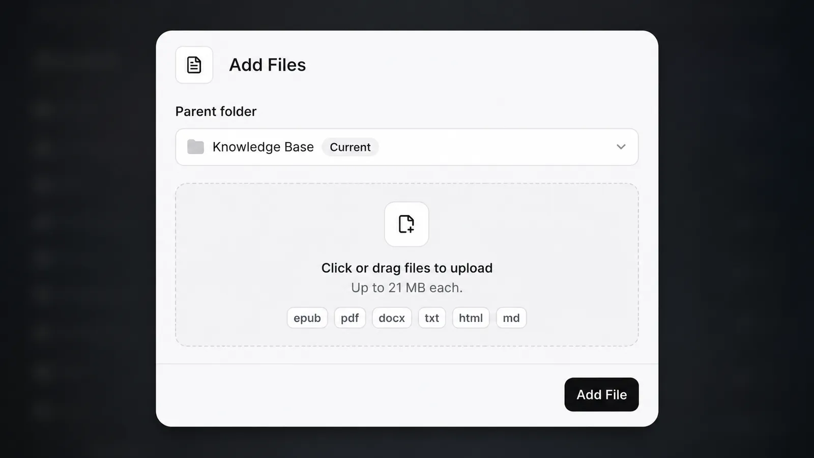 Interfaccia di caricamento file che mostra i formati supportati e il limite di 20 MB