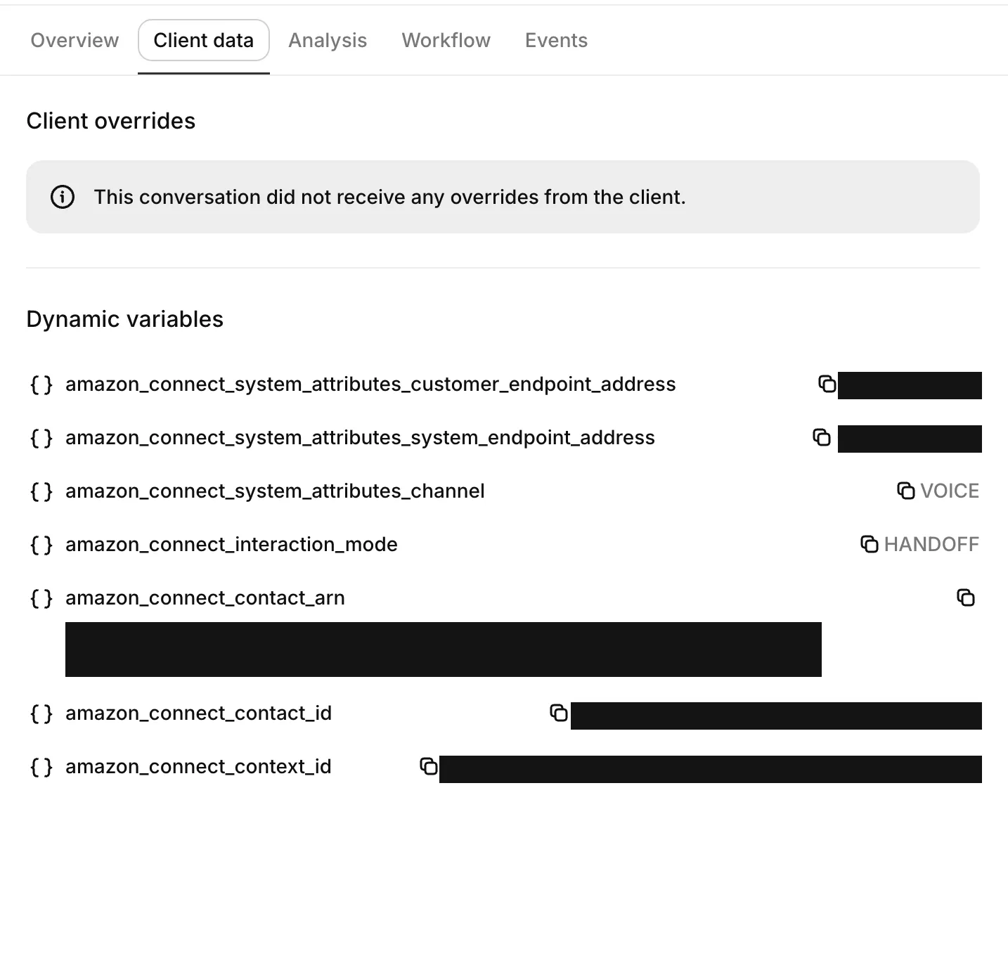 Amazon Connect 동적 변수가 나열된 Amazon Connect 대화의 클라이언트 데이터 탭