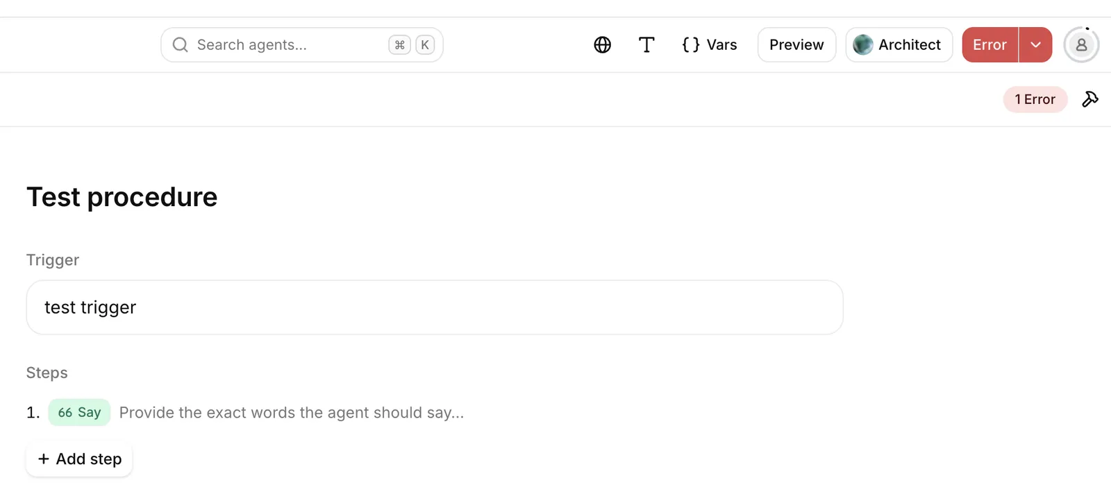 Structured procedure editor with the Publish button in its error state and a 1 Error
badge