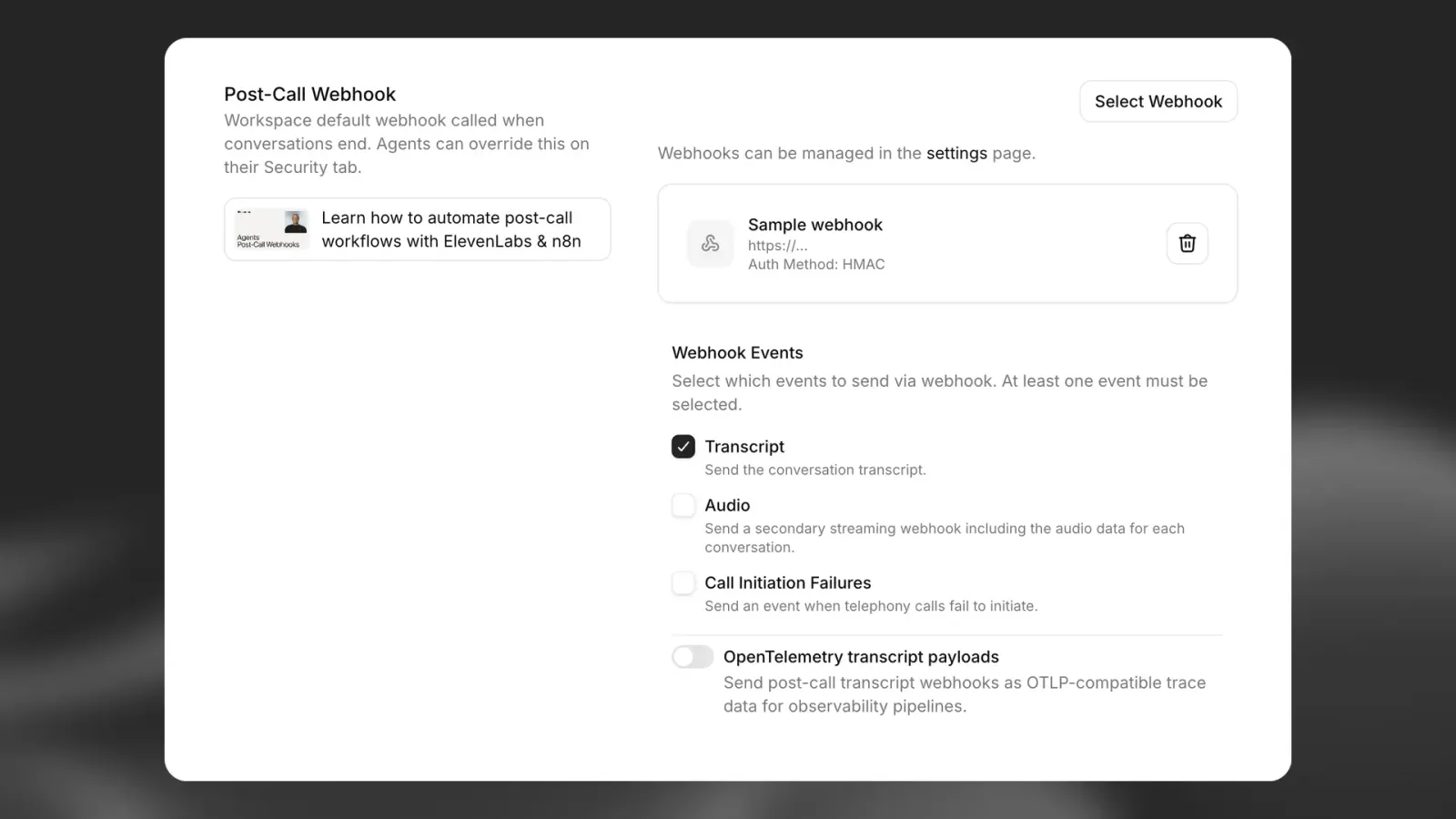 Impostazioni dei webhook post-chiamata