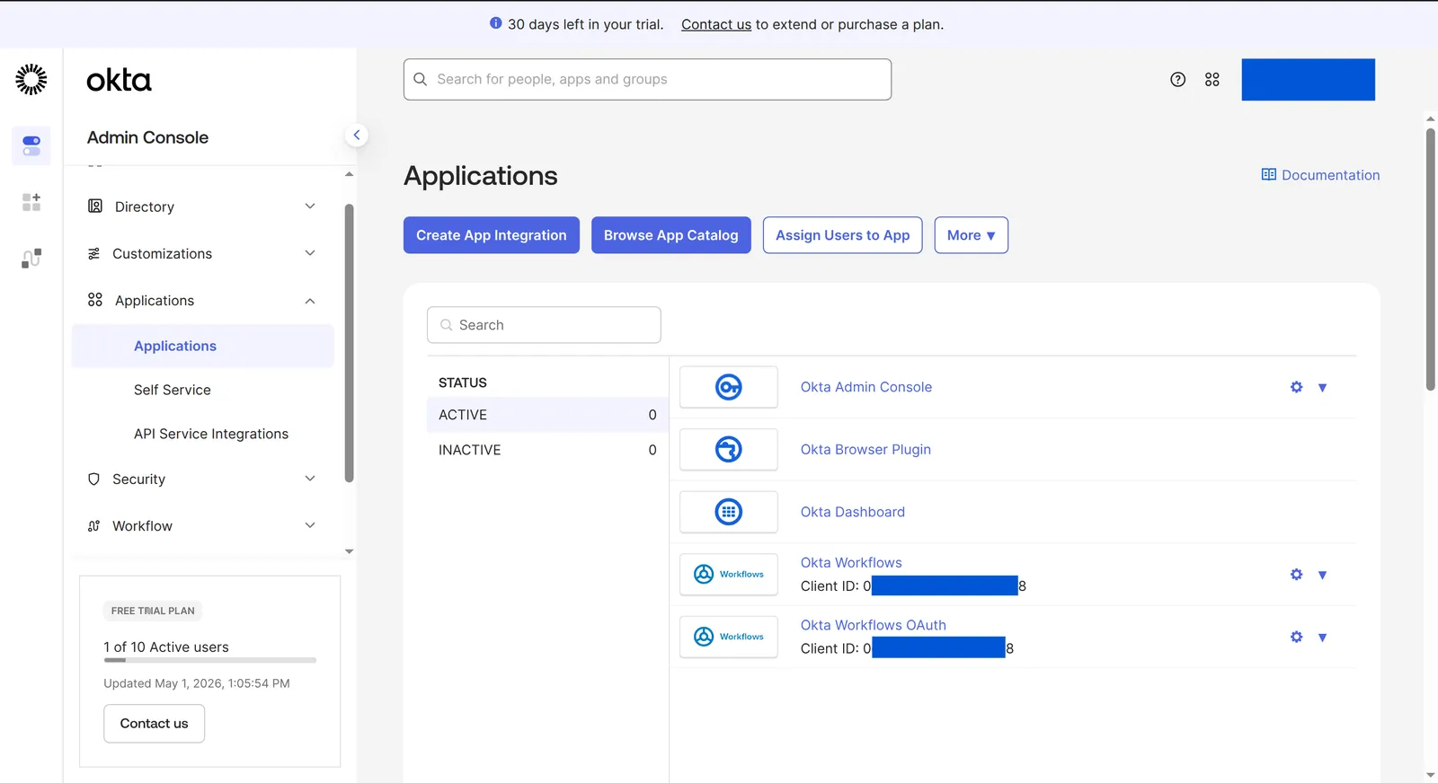 Create App Integration이 표시된 Okta Applications 페이지