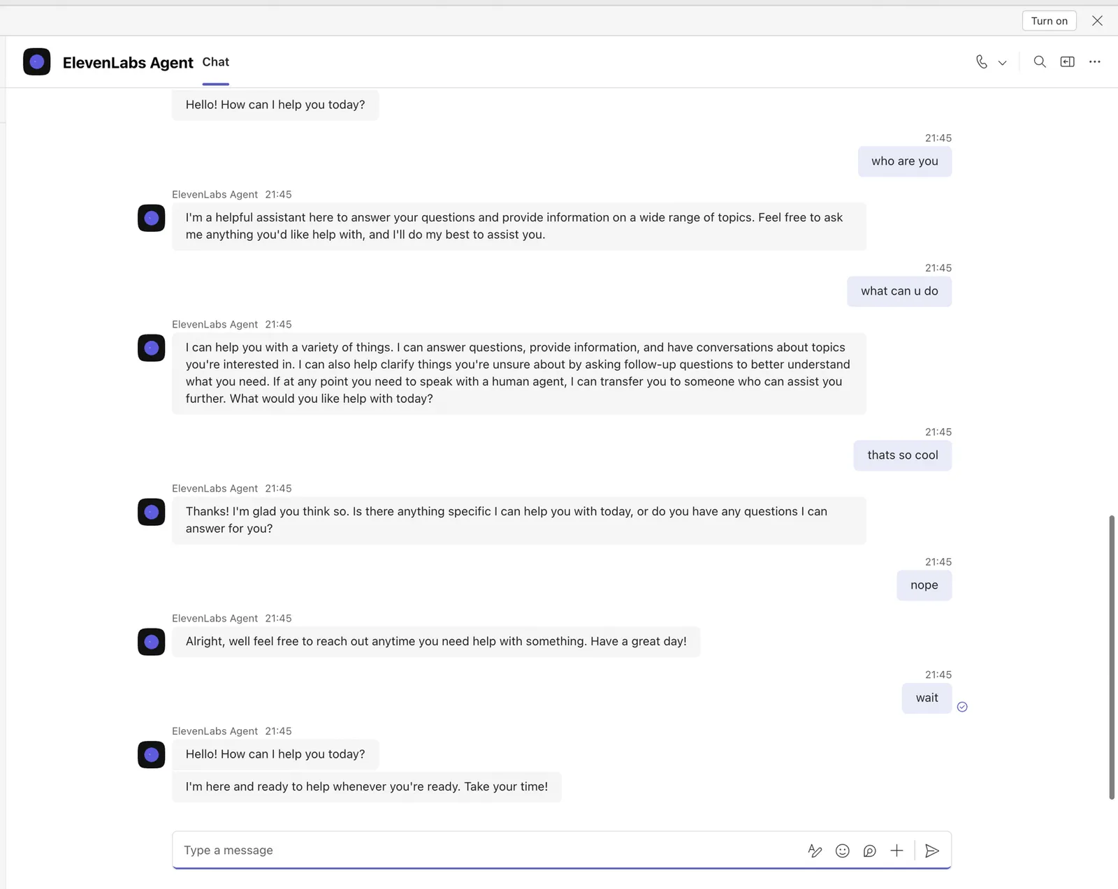 텍스트 메시지에 응답하는 ElevenLabs 에이전트 봇과의 Teams 채팅